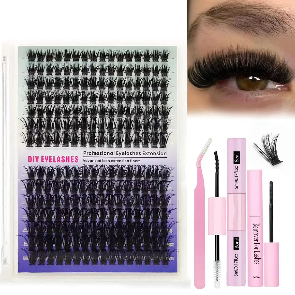 80D eyelash extension set, 224 eyelash adhesive and sealing, eyelash gel remover and personal false eyelash set eyelash extender