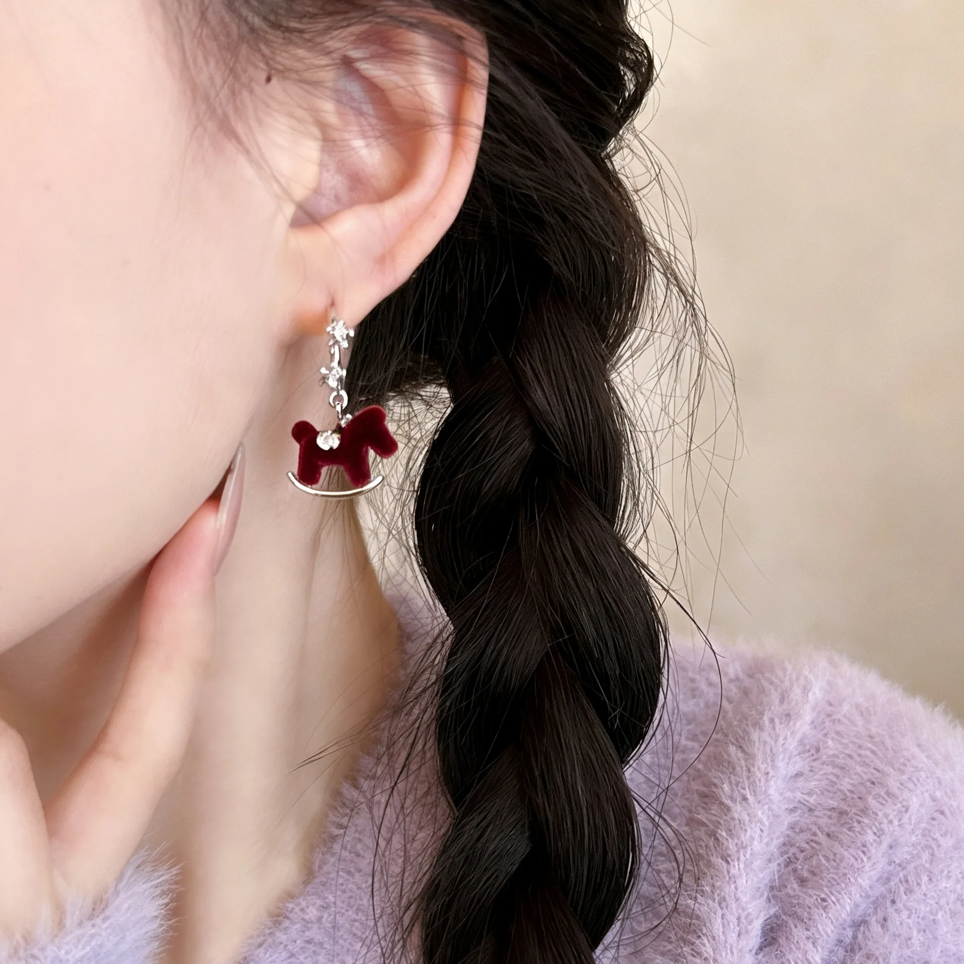 Flocked Zircon Pony Drop Earrings for Women Cute Unique Design Fall Winter Lightweight Delicate Holiday Gift