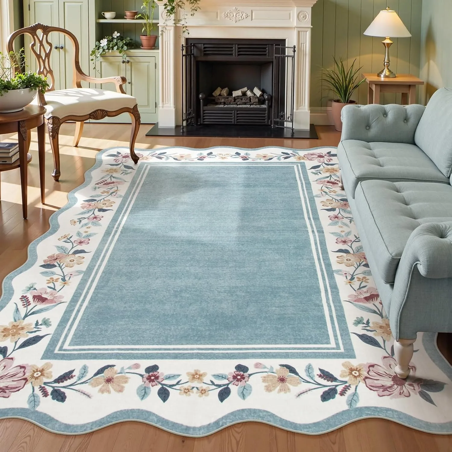Living Room Carpet Non-slip Machine Washable Floor Mat Scalloped Bohemian Floral Rug Bedroom Carpets Large Area Home Decor Rugs