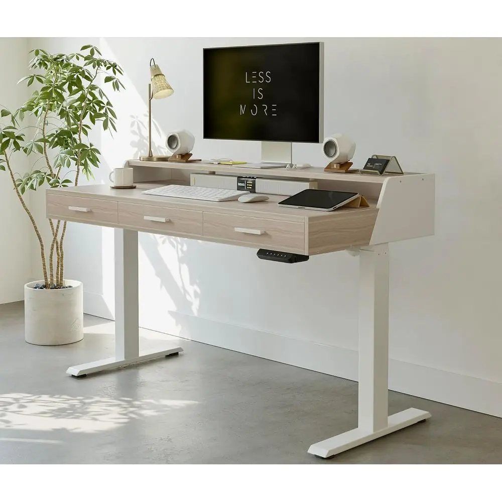 

Adjustable Height Electric Standing Desk, 55x26, with Monitor Shelf, Light Walnut Finish