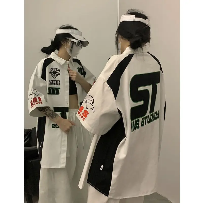 American Retro Shirt Short-sleeved Top Korean Spring Summer Fashion Large Size Loose Niche Motorcycle Style Cardigan Jacket