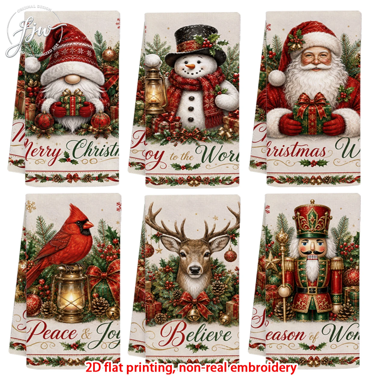 6pcs Vintage Christmas Kitchen Towels Retro Gnome Santa Snowman Reindeer Cardinal Nutcracker Holiday Dish Towels for Decor