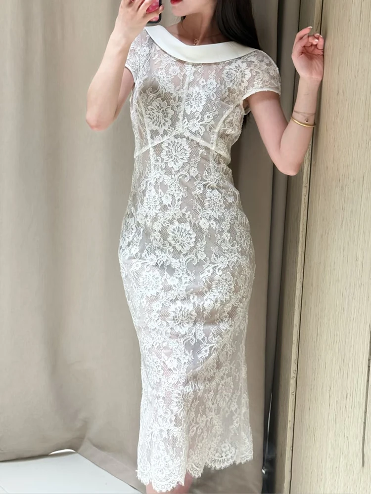 French-style gentle lace fitted dress for women - elegant short-sleeved mid-length A-line skirt for summer 2026 new collection