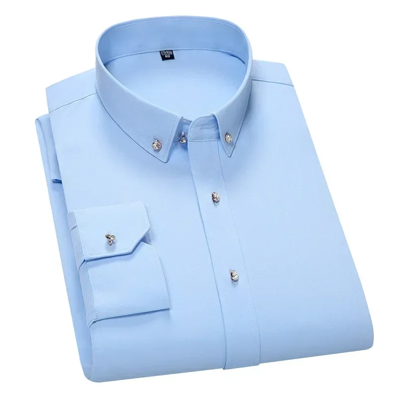 Camisa sin hierro y resistente a las arrugas para hombre, ropa formal elástica, ropa de trabajo informal de negocios, camisa sin bolsillo de manga larga