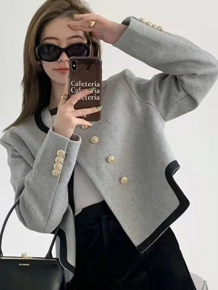 

Women's Blazer Chic Elegant Round Neck Clothing Casual Temperament Double-breasted Irregular Long Sleeve Coat Clothes Top New