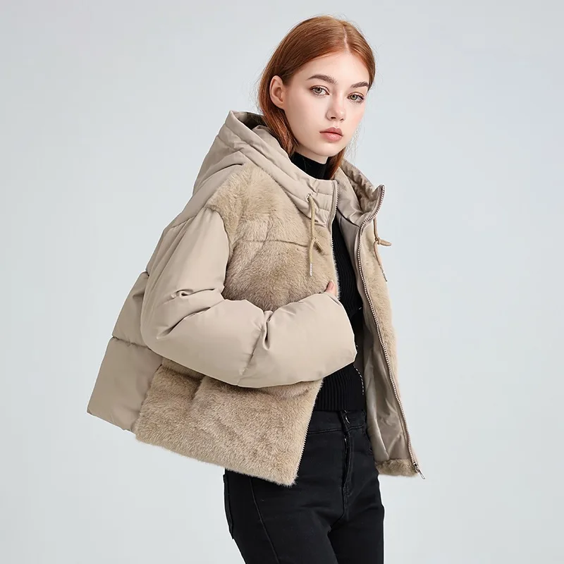 Cappotto Parka corto patchwork in peluche americano Cappotto invernale trapuntato con cappuccio tinta unita Y2K Cappotto in cotone con zip da strada chic da donna