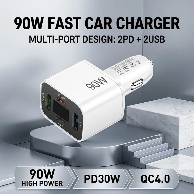 90W Fast Car Charger 4-Port Auto Adapter 2 PD 2 QC4.0 with Real-Time LED Voltage Display For iPhone 17 16 15 Pro Max For Samsung