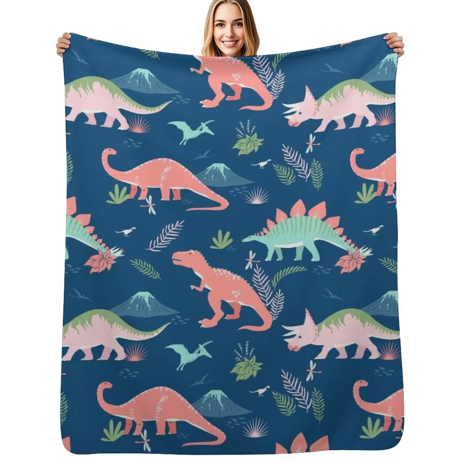 Jurassic Dinosaur in Blue + Coral Throw Blanket For Decorative Sofa Plaid on the sofa Single Large anime Beautifuls Blankets