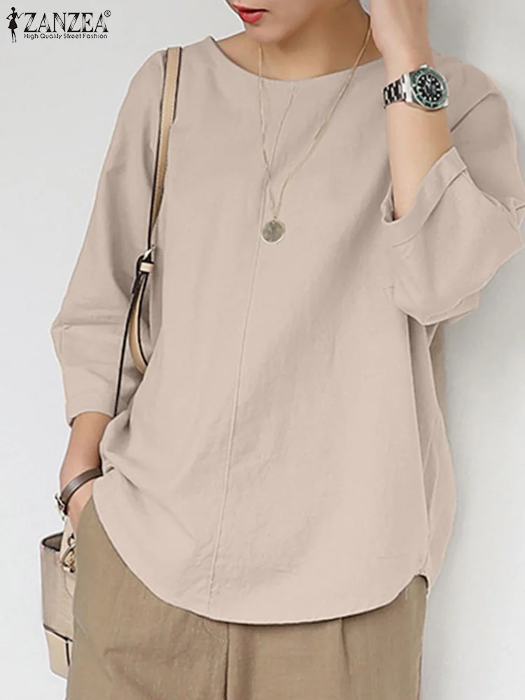 ZANZEA Summer Women Elegant Solid Shirt Female Party Blusas Chemise O Neck 3/4 Sleeve Casual Loose Blouse Oversize Tunic Tops