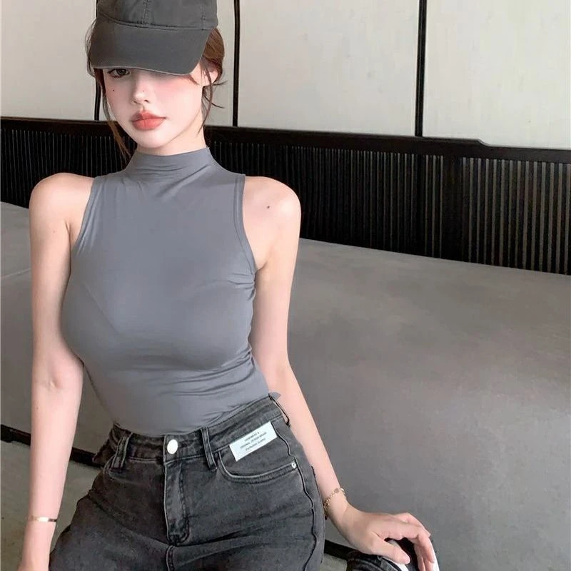 Camiseta sin mangas con cuello Halter para mujer, Top corto liso, camisola de cuello alto, Chaleco Corto informal de tubo sin mangas para mujer
