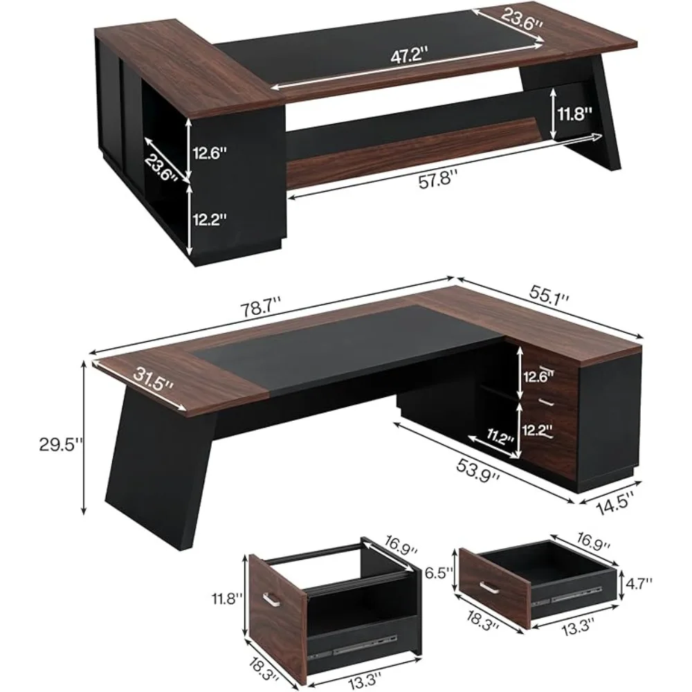 8 L-Shaped Executive Desk, Large Office Desk with Drawers and Lateral File Cabinet, Business Furniture with Storage Shelves