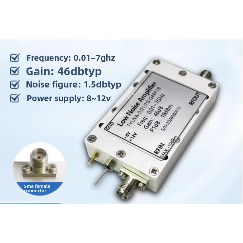 0.01-7GHz Low Noise Amplifier 46dB Gain High Gain Signal Amplifier Module, LNA Broadband RF Amplifier for Communication & Test