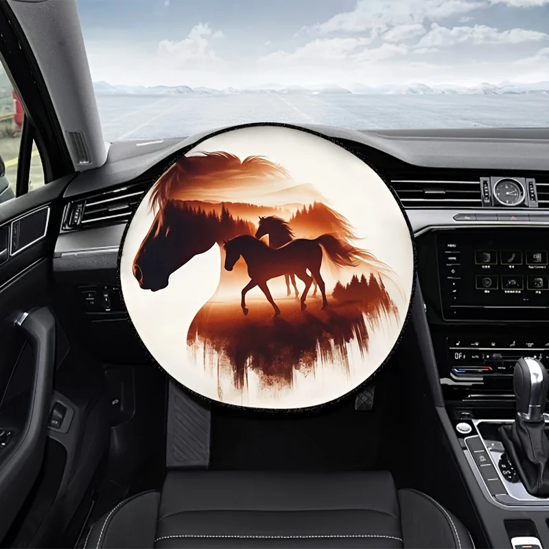 Steed Silhouette Steering Wheel Sunshade, Featuring Natural Scenery Art Design, Enhances Interior Decor To Elevate Style, Allowi