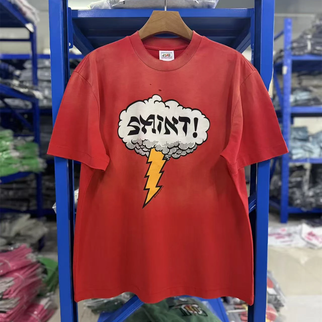 Hole Washed SAINT Retro Lightning Cloud Letter Print on Front T Shirt Men Women Tee Tops T-Shirt