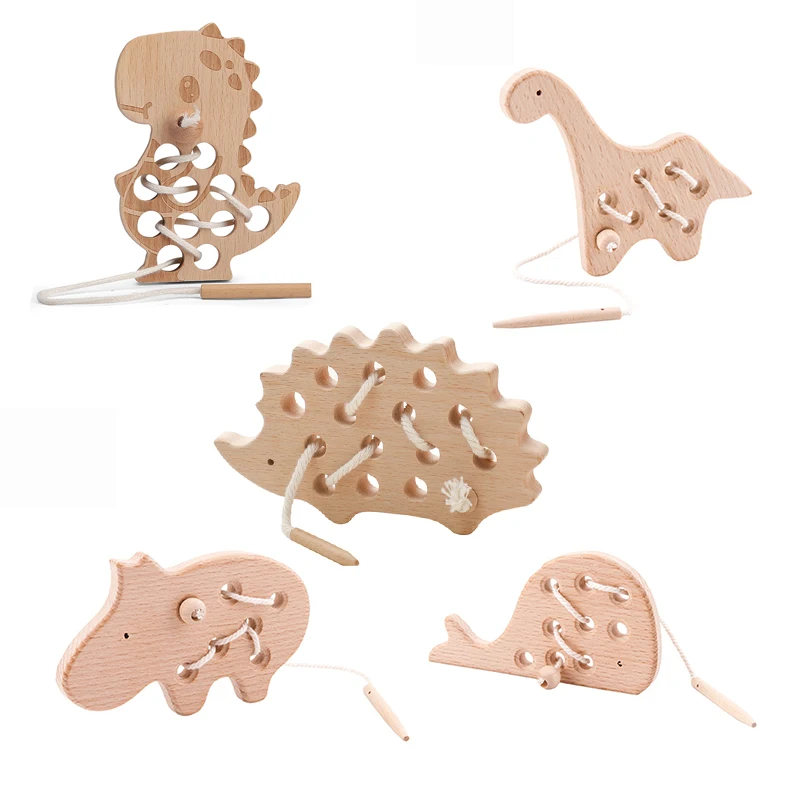 

Educational Toys For Baby Animal Wooden Dinosaur Threading Board Fingers Flexible Training Montessori Game Baby Accessories Gift