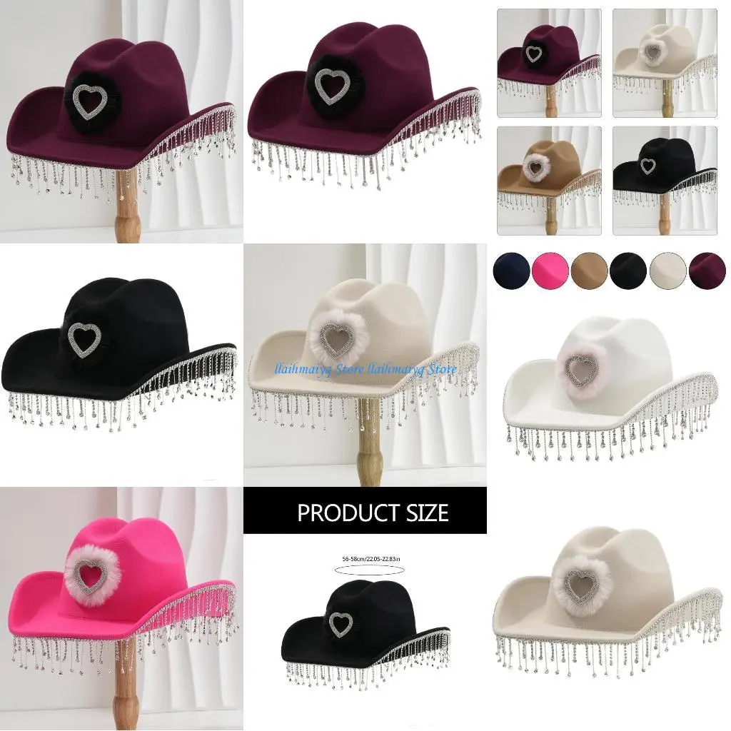 

573B Elegant Rolled Brims Cowgirls Hats Diamond Tassels Felts Hat Western Hat for Adult