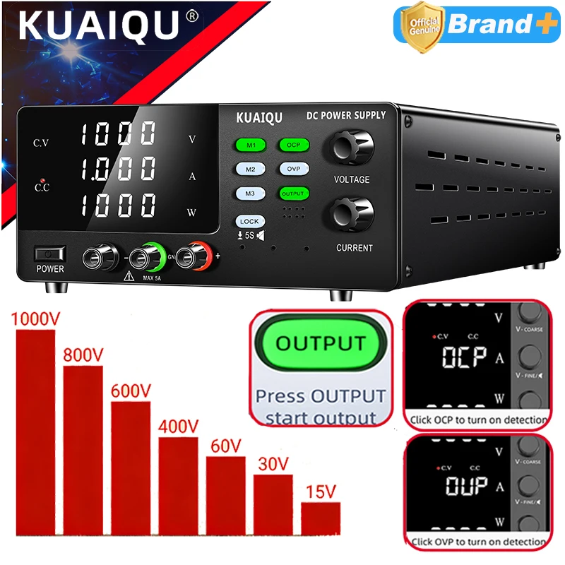 Fuente de alimentación de laboratorio de alto voltaje KUAIQU 1000V, 800V, 600V, 400V, 15V 30A, 30V 60V 20A, fuente de alimentación CC para I+D de laboratorio, pruebas Hipot y energía solar