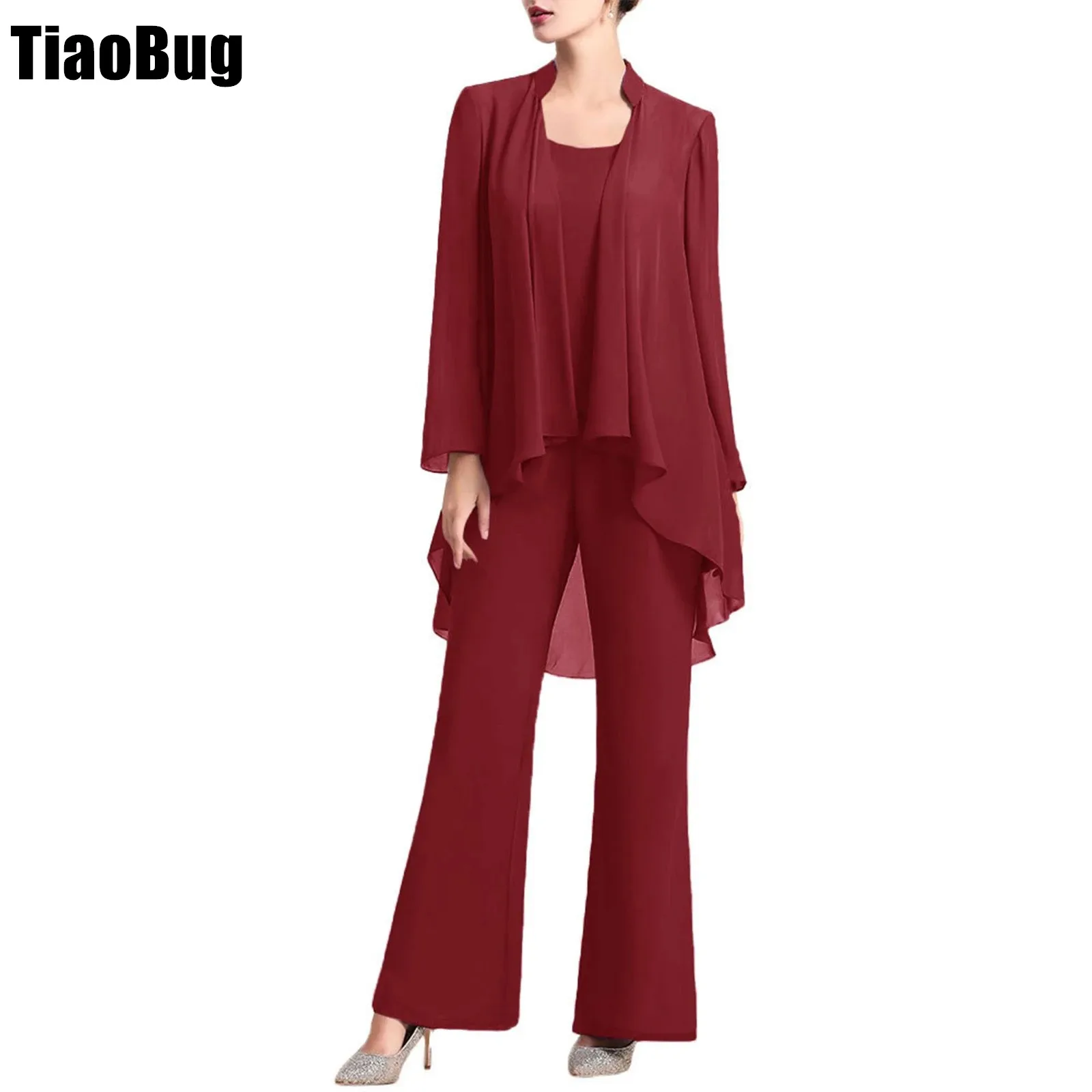 Womens Elegant Chiffon Party Suit Round Neck Tank Top Long Sleeve Open Front Cardigan And Long Pants Solid Color 3-Piece Set