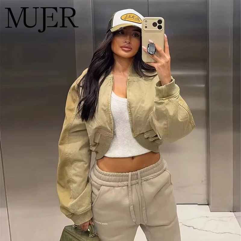 MUJER Varsity Bomber Jackets for Women Zipper Cropped Jacket Woman Outerwears Casual Womens Coats Long Sleeve Women's Jackets