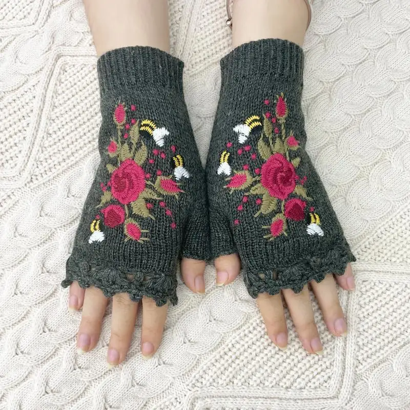 Niedliche Vintage-Handschuhe mit Stickerei, gestrickt, Bienenmuster, halbe Finger, fingerlose Handschuhe, koreanischer Stil, warme Winter-Wollhandschuhe, für den Außenbereich – Detail 16