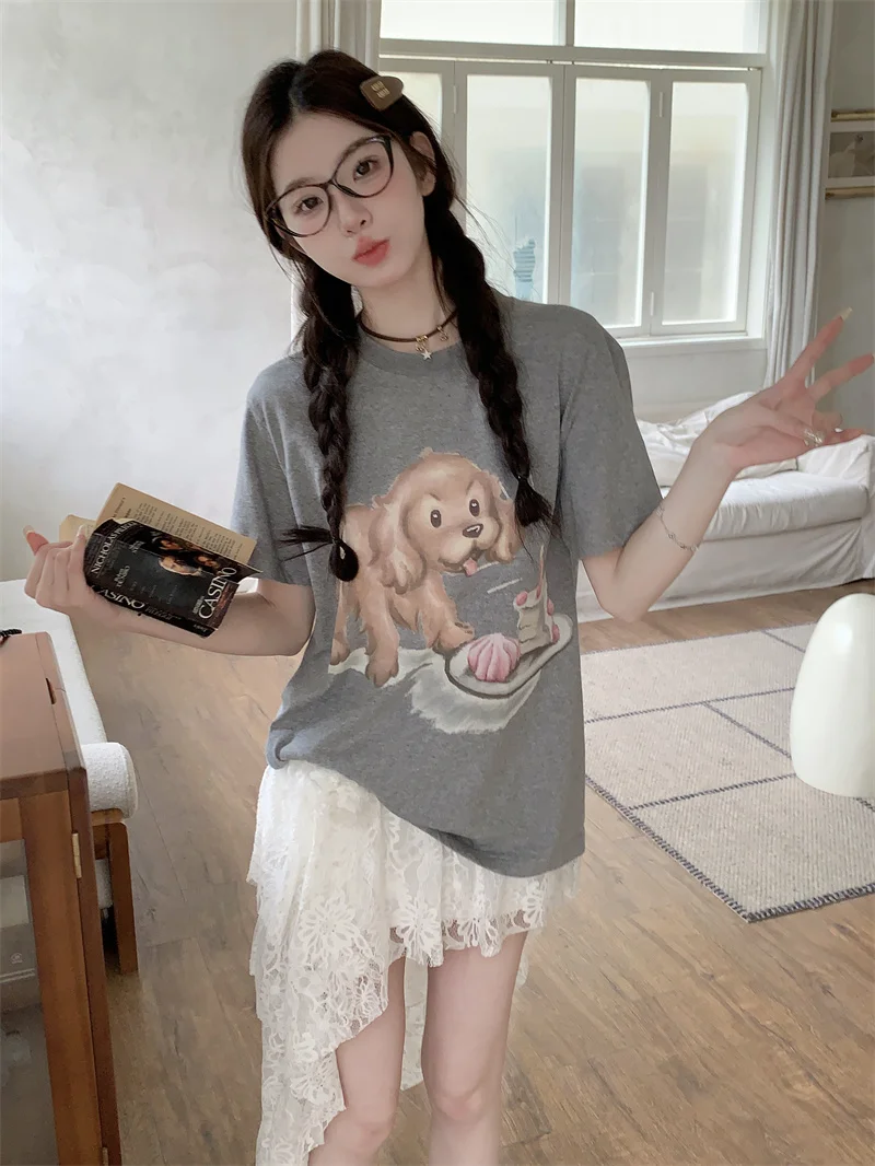 

Летний повседневный комфортный свободный комплект из белого кружевного топа и асимметричной юбки MNANA, женский, из хлопка, с круглым вырезом...