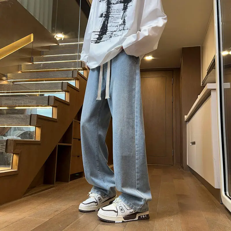 

Мужские джинсы прямого кроя Slim Fit, повседневные, свободные, широкие, для подростков, модные, синие, дышащие, удобные, в корейском стиле