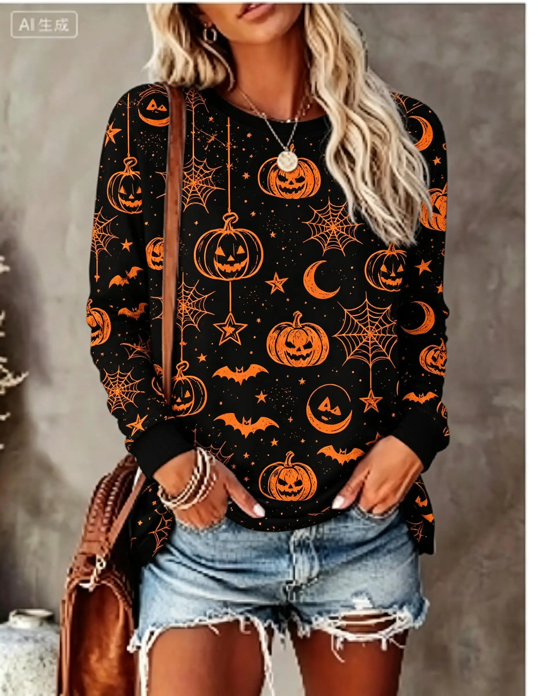 Women Halloween Long Sleeve T‑Shirt Pumpkin Moon Star Bat Spider Web Distressed All‑Over Print Crew Neck Tops image 2