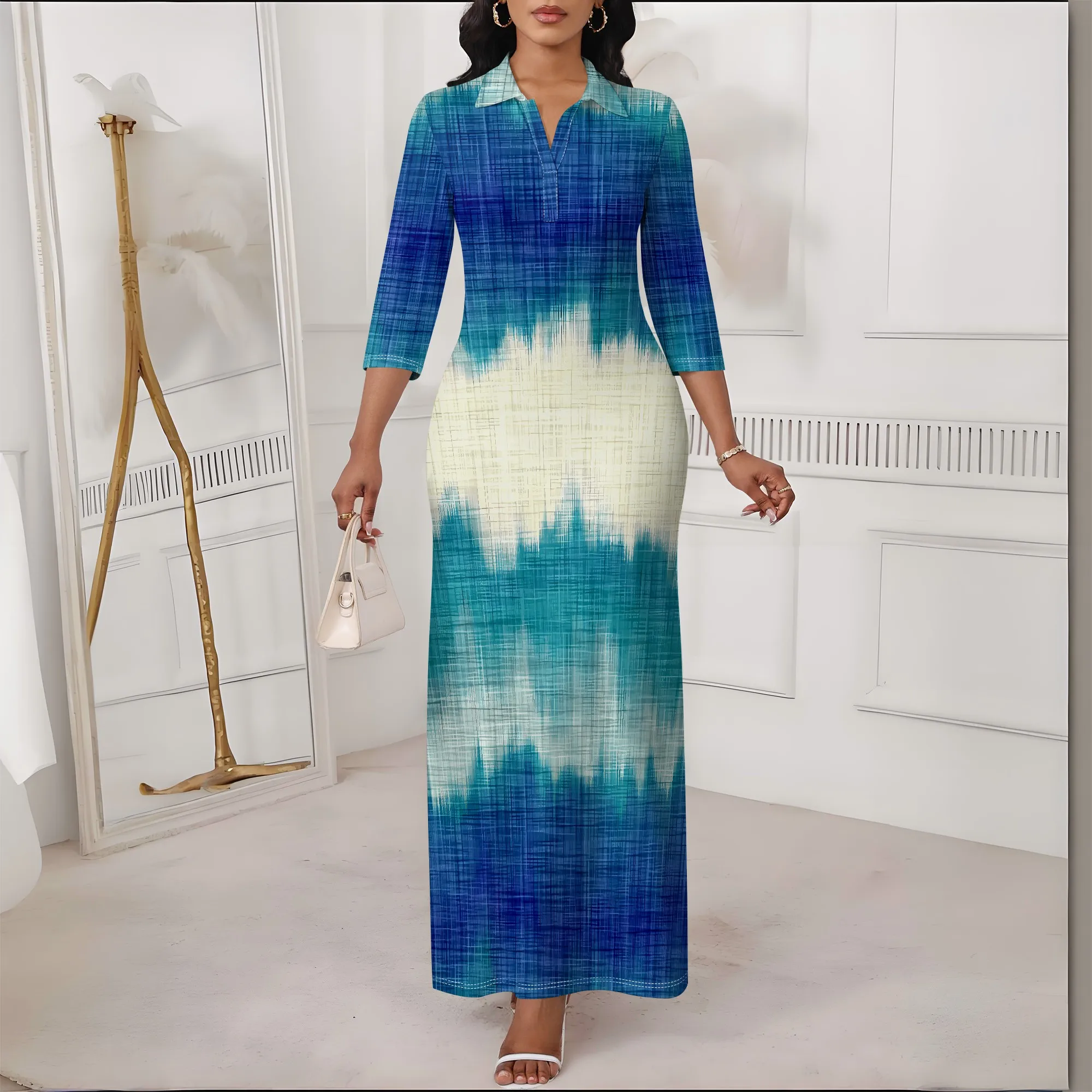 

EQQZD Fashion 3/4 Sleeve V-neck Maxi Dress, Standard Size Colorful Tie-Dye Print Bodycon Dress
