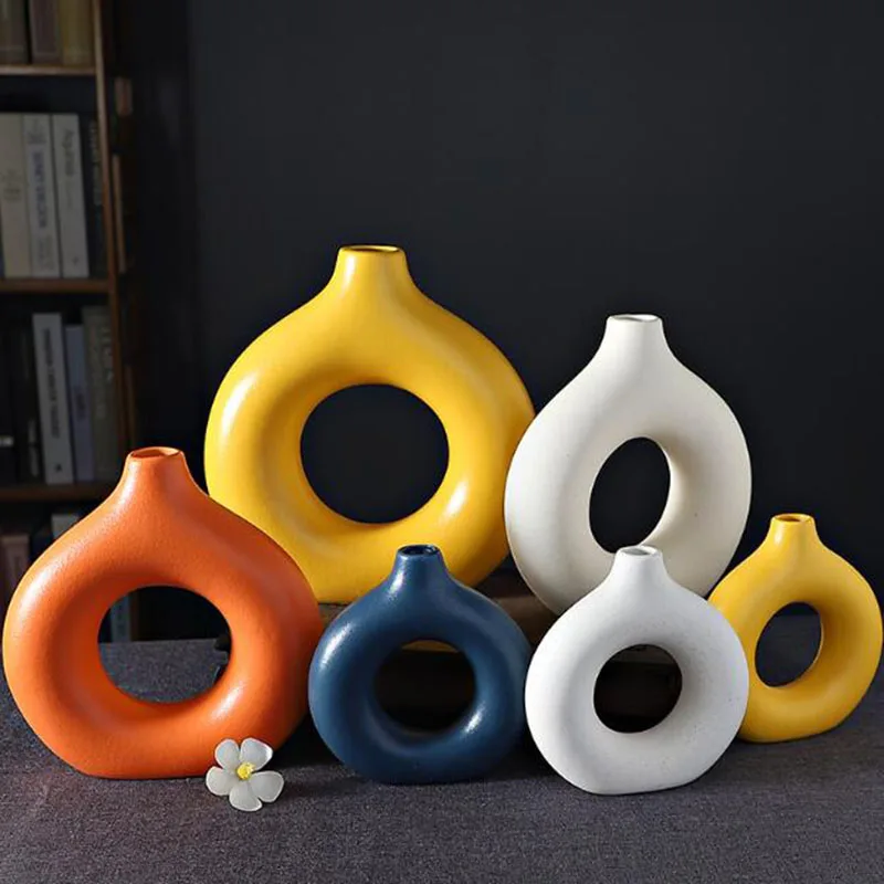 Porcelain Doughnut Vase Hotel Living Room Dry Flower Arrangement Jardiniere Plant Pot Gardening Art Home Decor