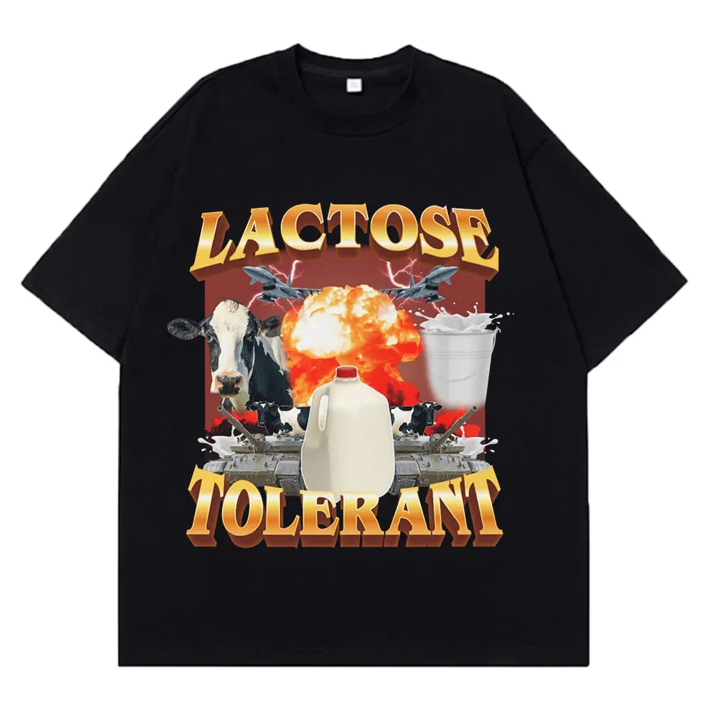 Lactose Tolerant Graphic Print T-Shirt Men's Vintage Fashion Short Sleeve T-shirts Cotton Casual Cozy Oversized Loose T Shirts