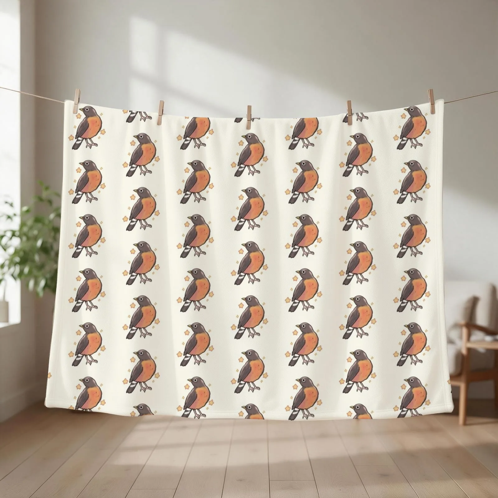 Cute American Robin art Throw Blanket couch cozy soft plush fuzzy picnic outdoor blanket