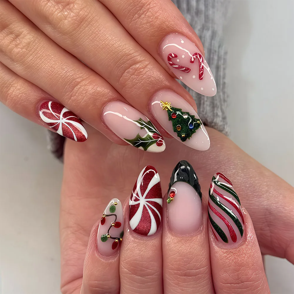 24pcs Candy Cane Press on Nails Tips Christmas Almond False Nail Reusable Polka Dot Full Cover Sets Glitter Red Green Fake Nails