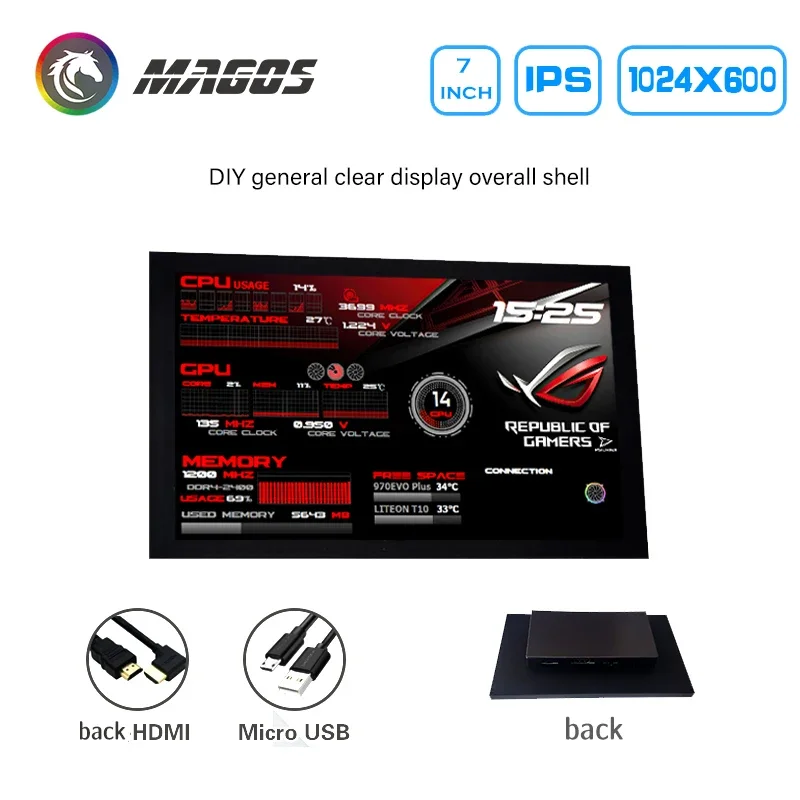 7 Inches Computer Secondary Screen Touchable Monitor Display CPU Temperture DATA Detector Aida64 IPS 1024*600