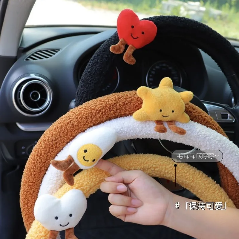 Universal Curly Plush Car Steering Wheel Cover Solid Color Fluffy Auto Steering Protector Warm Winter Soft Non Slip Car Interior
