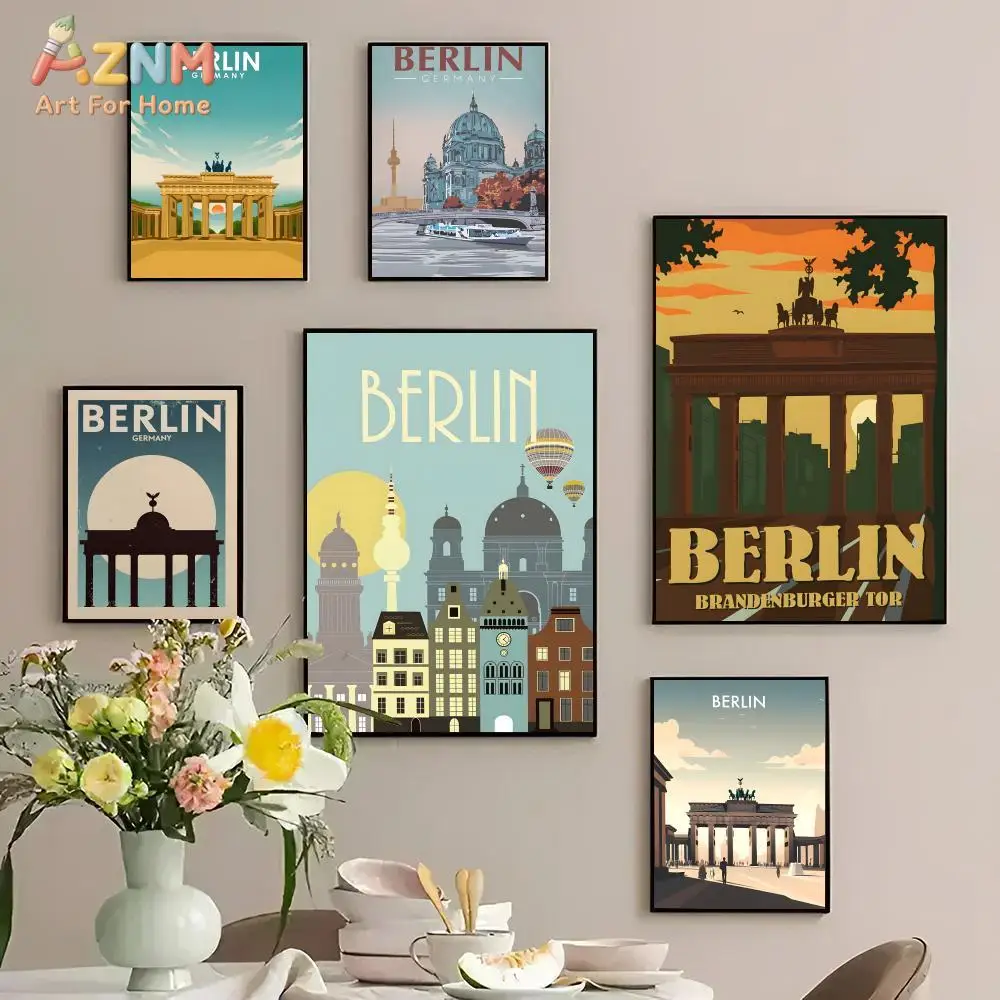AZNM Berlin Germany Landmark Frameless Canvas Wall Art, Retro Travel Poster Print, Nordic Home Decor, Unframed Painting
