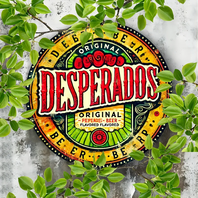 [تسليط الضوء على الشريط] لافتة معدنية مستديرة من بيرة Desperados عتيقة - لوحة فنية جدارية من الألومنيوم مقاس 8 × 8 بوصة مع ألوان نابضة بالحياة وتصميم الأزهار