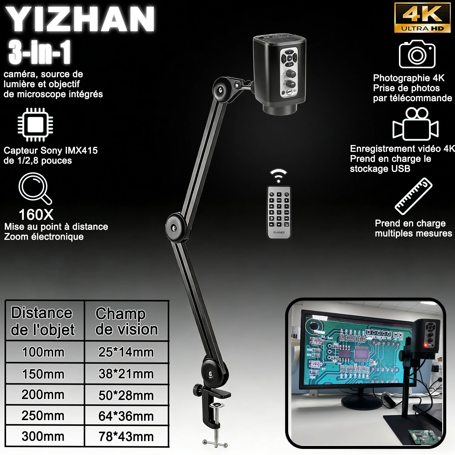 YIZHAN microscope numérique 3 en 1 4K pour la soudure, Microscope numérique 160X à grande distance de travail, fonction de zoom électronique, mise au point à distance
