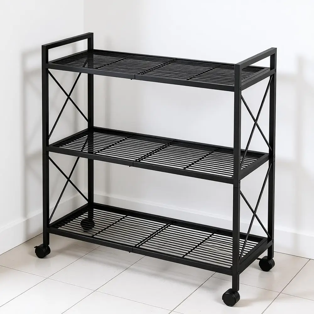 

3-Tier Metal Storage Rack with Wheels, Mesh Shelving Unit, 31.5-Inch Width, Suitable for Entryway, Kitchen, Living Room, Bathroo