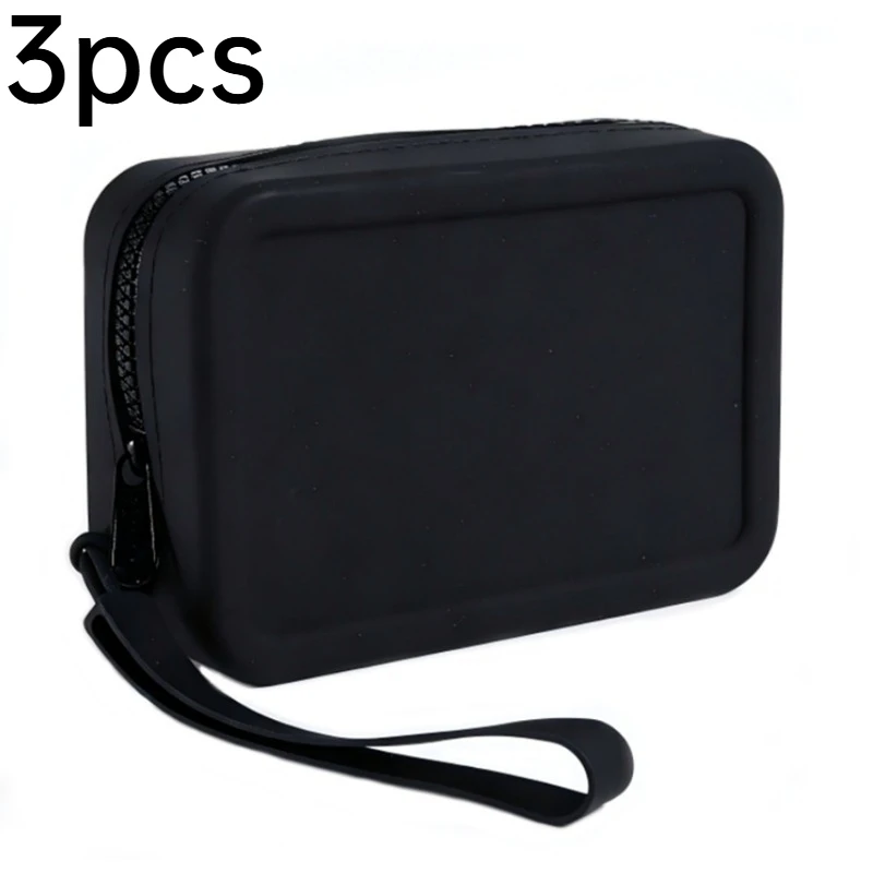 3pcs Simple Silicone Makeup Bag Soft Washable Large Capacity Portable Pouch For Travel Earphones Cosmetics Daily Storage
