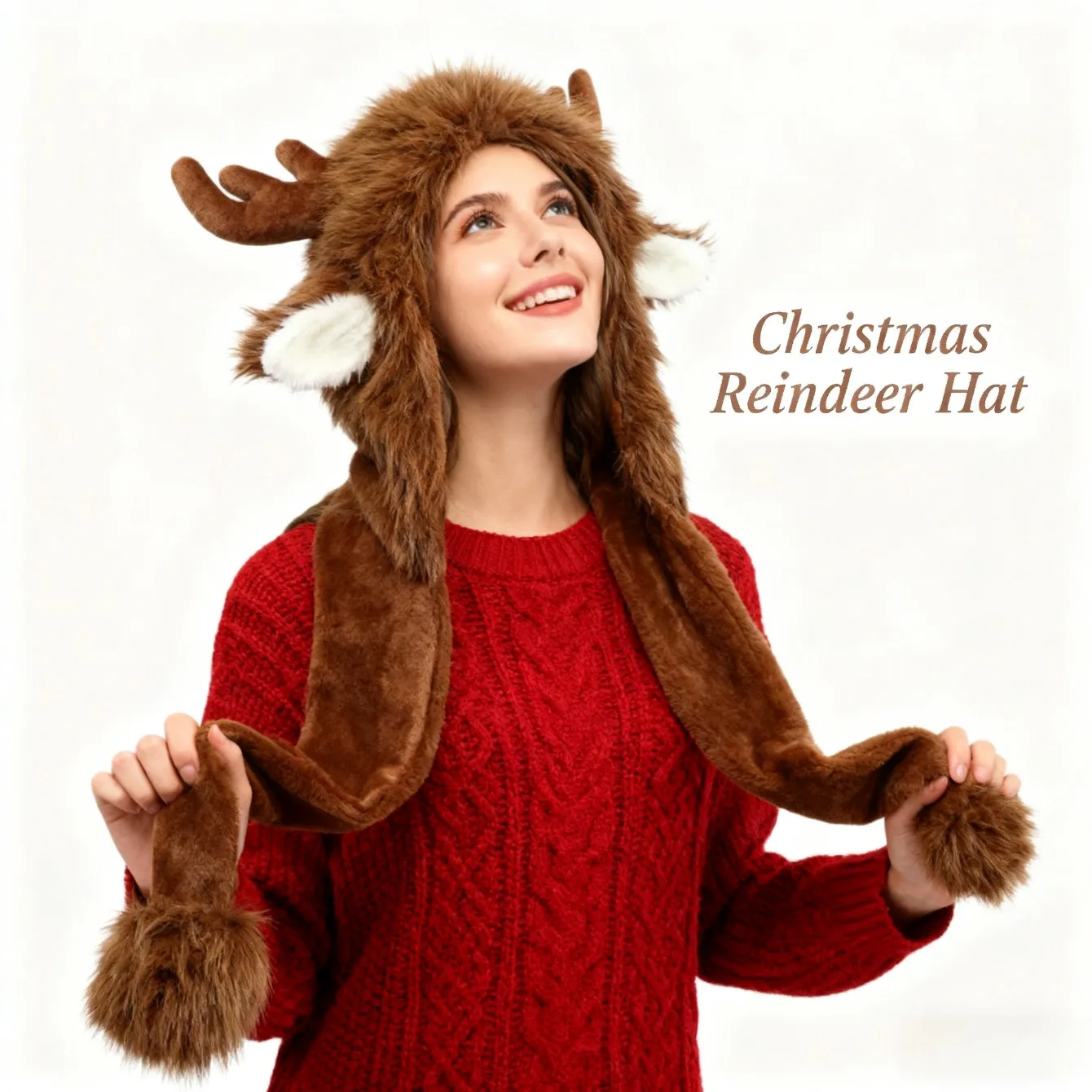 クリスマス-レインディア-アントラー-イヤーフラップハット-レディース-暖かいフリース製冬用帽子-調節可能な紐付き