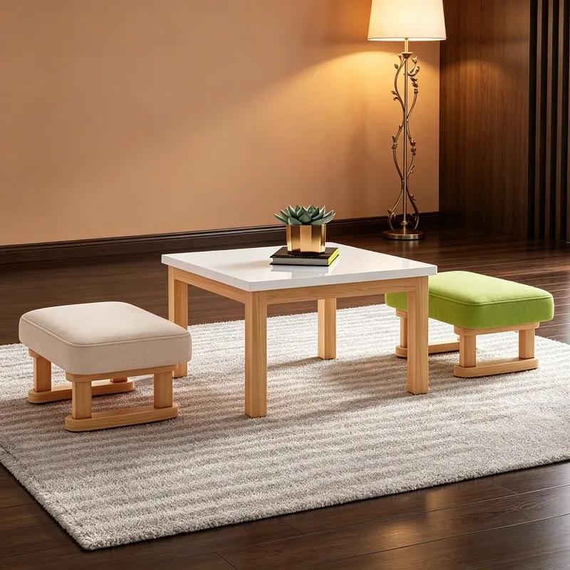 

Solid Wood Square Stool Creative Fabric Sofa Low Stool for Living Room Home Use