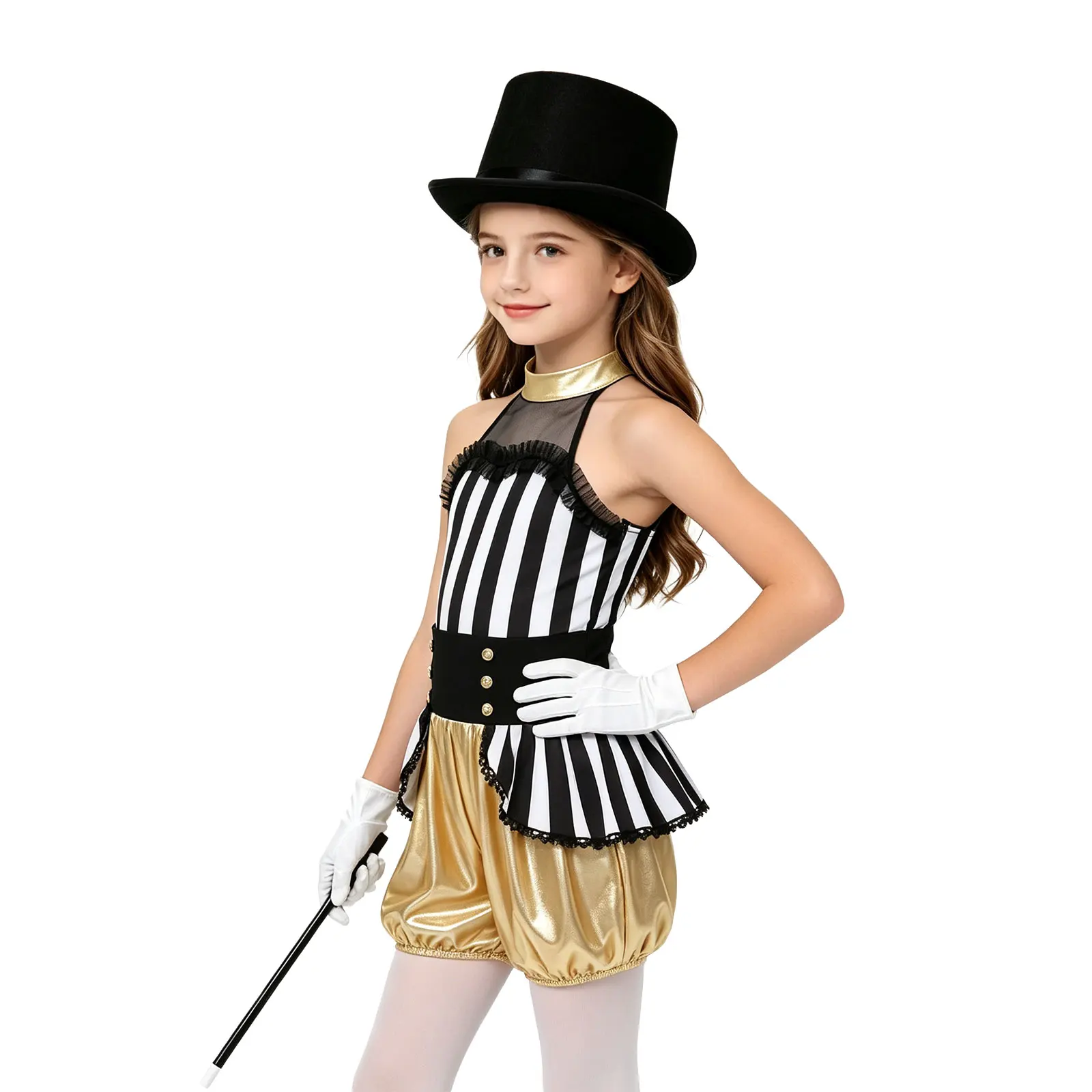 Traje de Maga de Circo con Lentejuelas para Niñas y Adolescentes, Disfraz de Halloween de Maestra de Ceremonias, Mono, Sombrero, Guantes y Varita Mágica