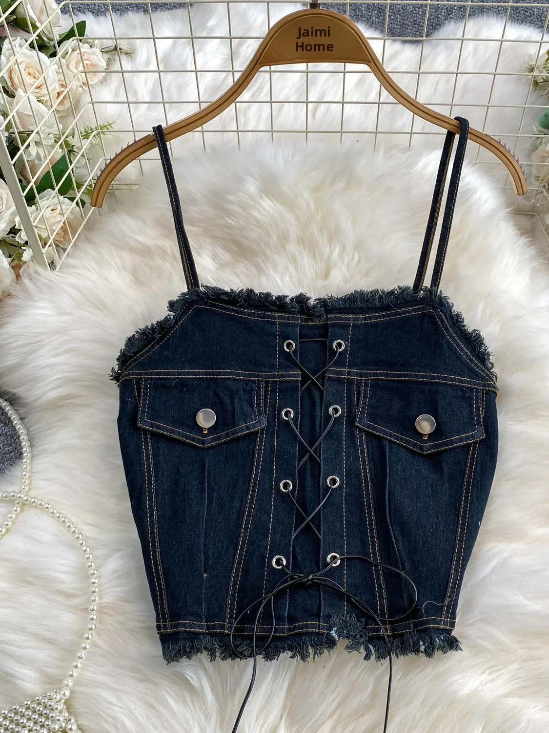 Spicy Girl Style Women's Taste Tie-Dye Denim Fringe Tube Top Strap Vest Summer Slimming Short Shirt for Young Women