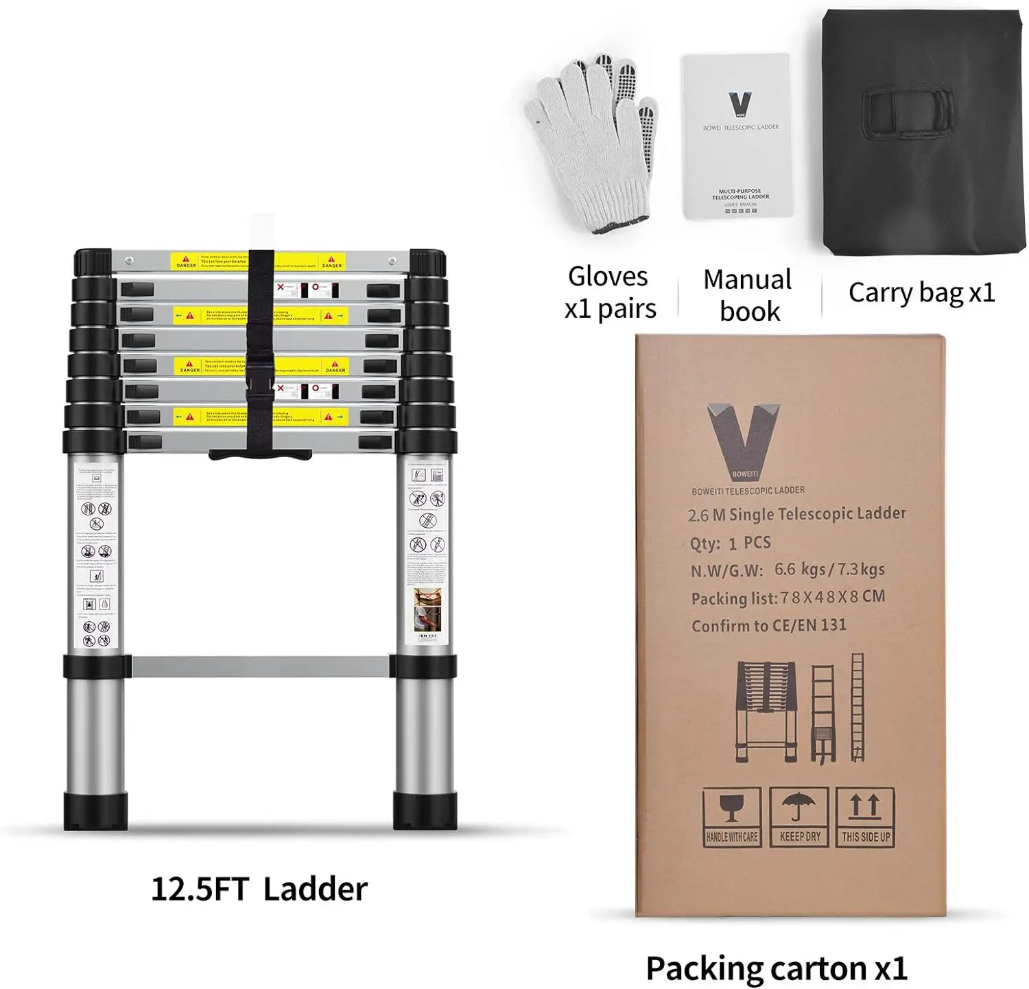 Escalera de extensión telescópica de aluminio, 8,5 pies, con bolsa de transporte, para uso en interiores y exteriores