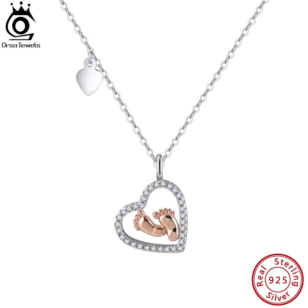 ORSA JEWELS 925 Sterling Silver Love Heart Pendants Necklace Fashion Baby Feet Pendant for Women Mom Birthday Gift Jewelry SN336