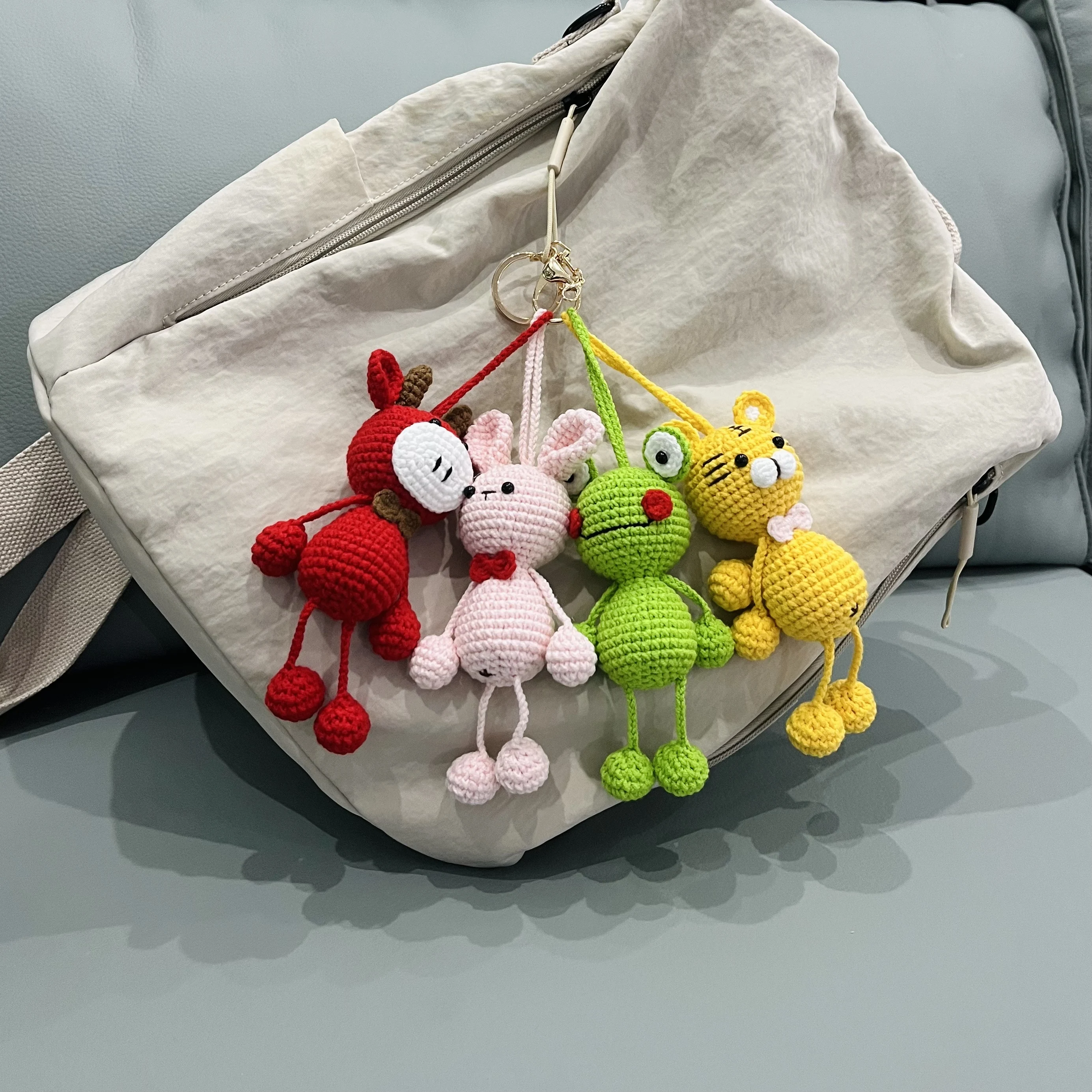 Cartoon Handmade Crochet Hanging Foot Doll Bag Rabbit Tiger Frog Sheep  Knitted Keychain Cartoon Animals Ornaments for Bag
