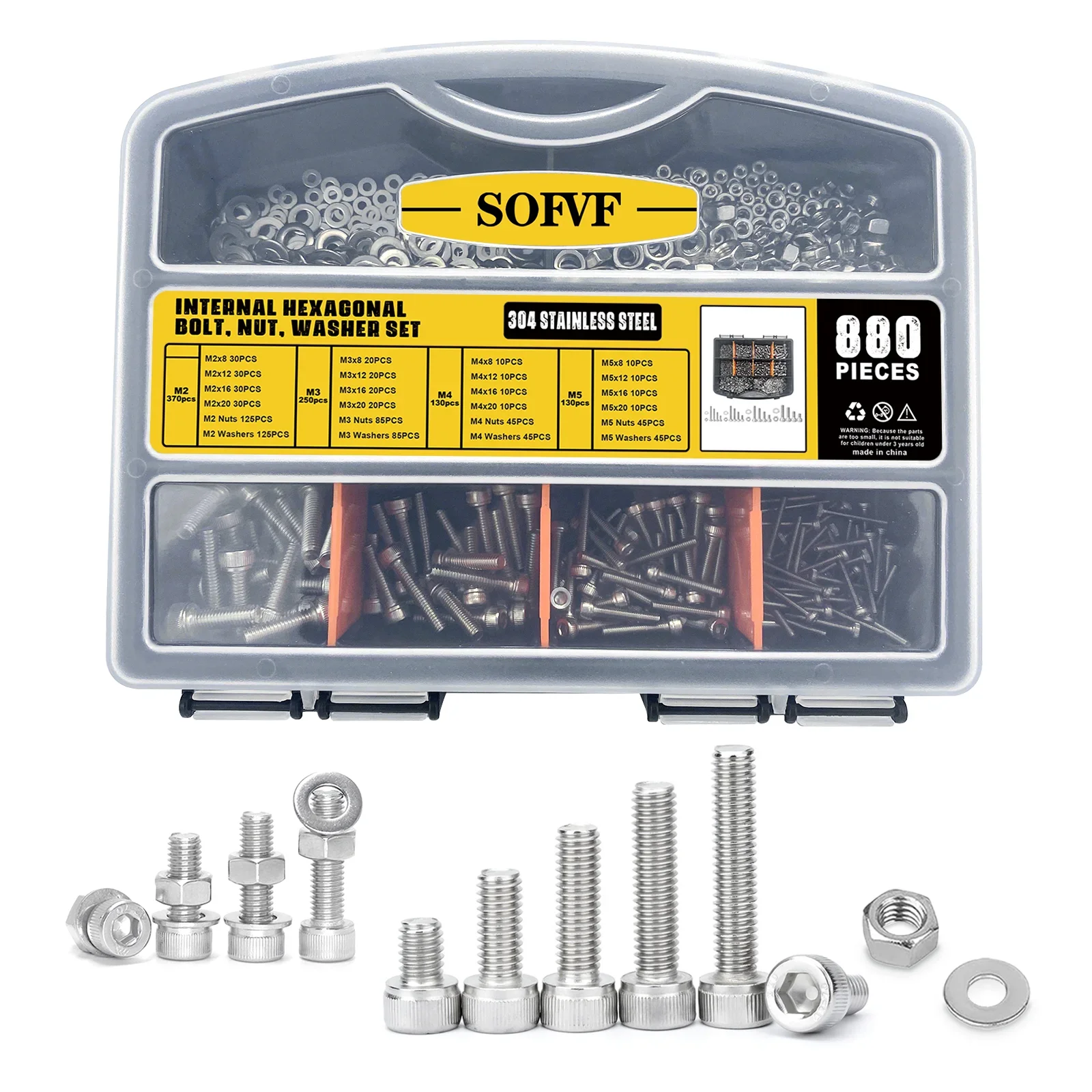 880 Piece 304 Stainless Steel Screw Combination Kit - M2 M3 M4 M5 Cup Head Hex Bolts, Nuts and Washers and Resilient Washers