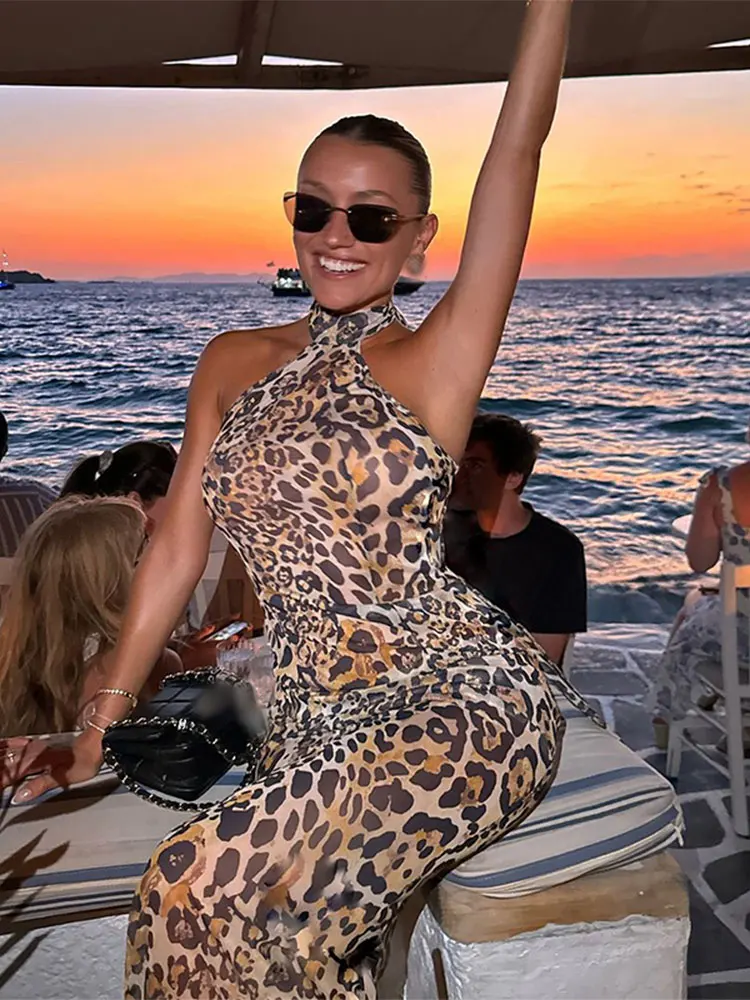 Fashion Leopard Printed Slim Halter Maxi Dress Women Sexy Sleeveless Off Shoulder Vestidos 2024 Summer Lady Beach Holiday Robes