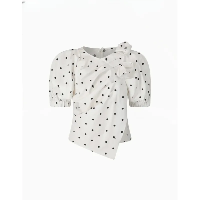 

Original Japanese Style Summer New Polka Dot Puff Sleeve Pure Cotton Shirt 3d Tailoring Pleated Floral Design White Blouse Women