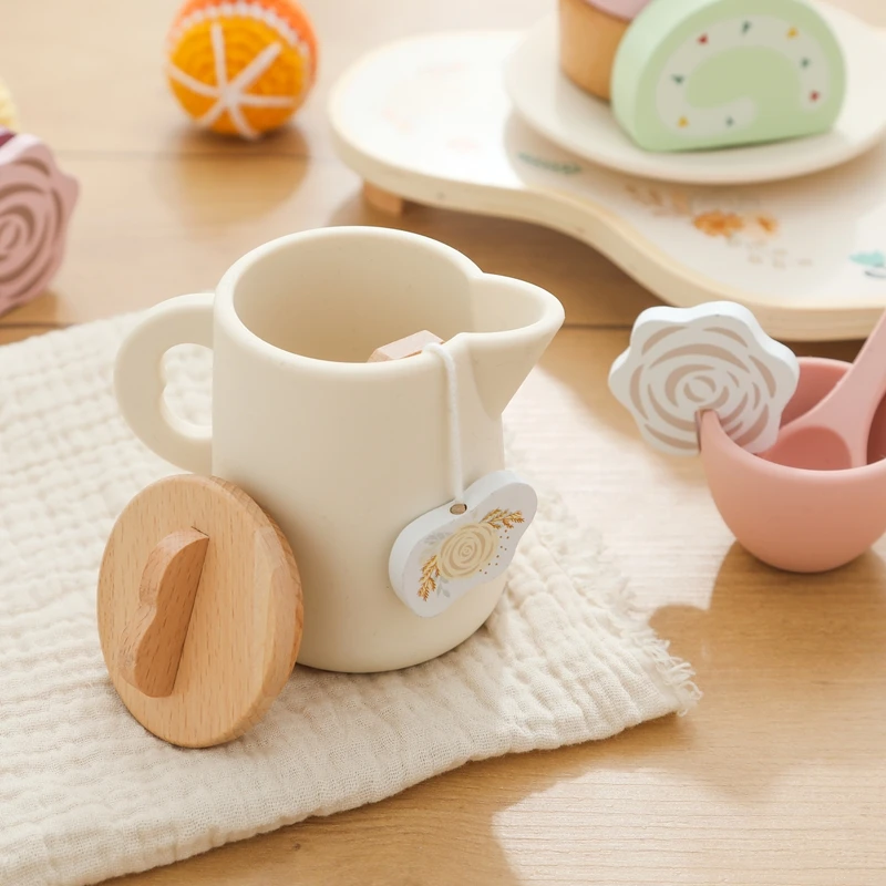 Baby Holz Montessori Spielzeug Silikon Tassen Holz teller Tabletts Dessert Modell spielen Haus Nachmittags tee Set Kinder Puzzle Spielzeug Geschenk – Detail 13